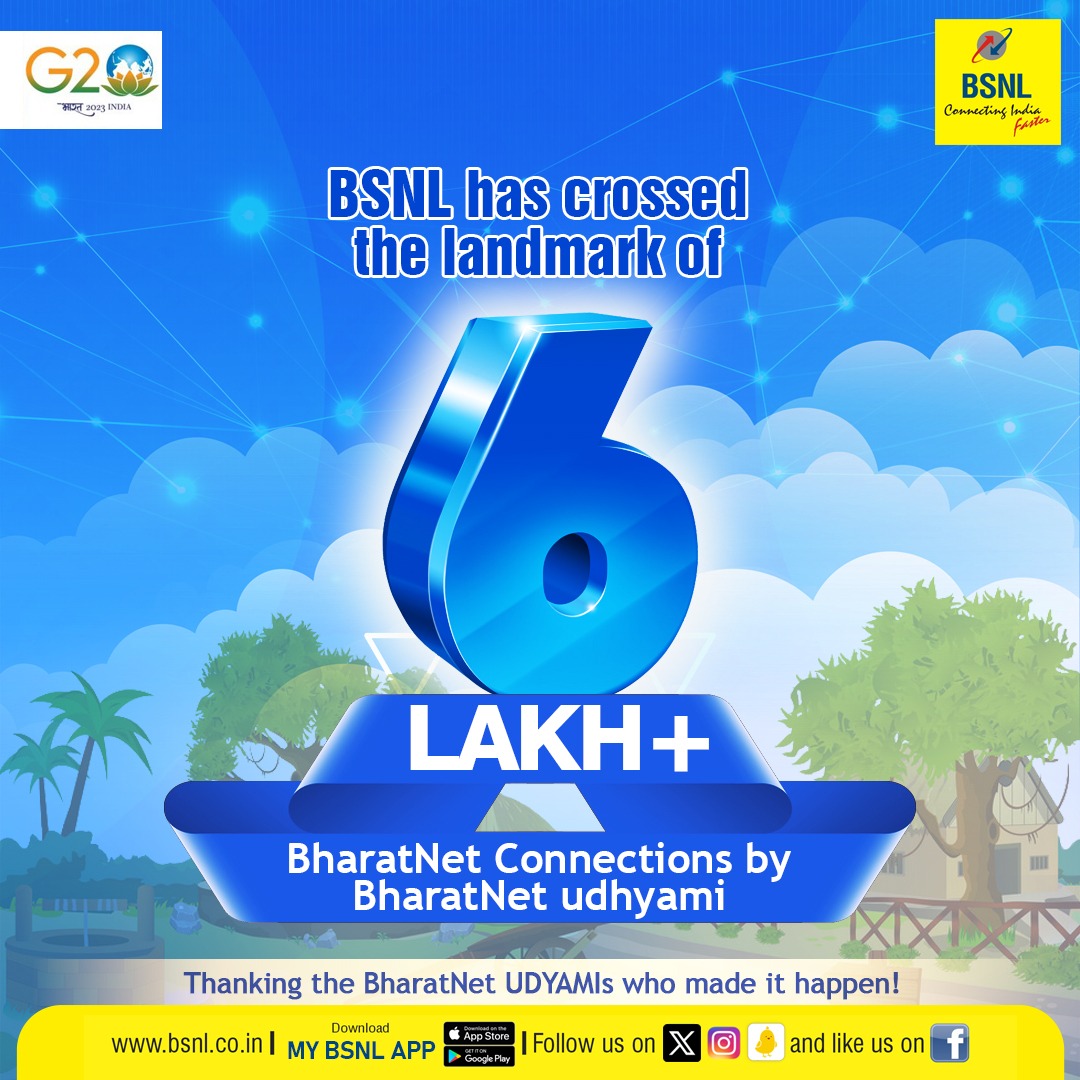 BSNLCorporate's tweet photo. 600,000+ connections and counting!
Proud of the relentless work of #BharatNetUdyamis. 
#BharatNetConnections #BSNL #EmpoweringConnectivity https://t.co/X3ZOi3C0Ss