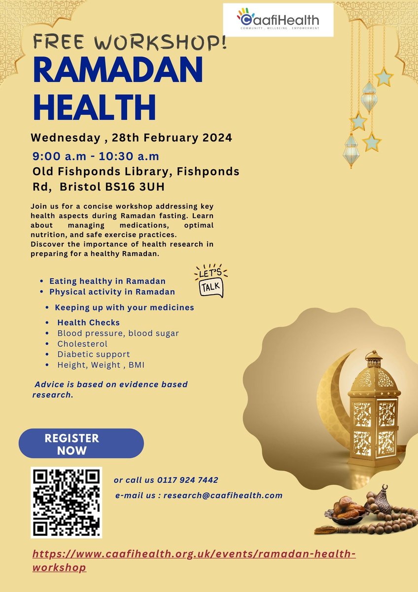 Get ready for Ramadan with a free workshop on healthy eating and medicine adherence while fasting, plus a complimentary health check covering blood pressure, blood sugar, weight & height, and cholesterol levels.