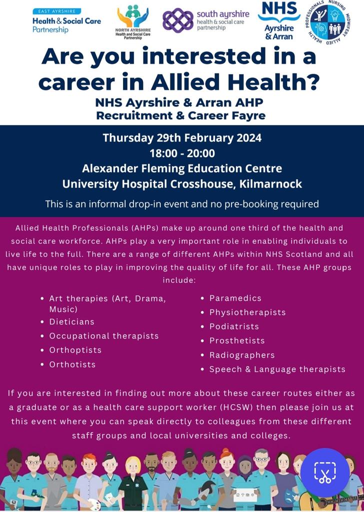 Are you interested in a career in Allied Health? Come along and meet some of the amazing team. Suitable for s4-6 school students, final year AHP students looking for their 1st job, anyone wanting to join the AHP Bank, and those looking to return to practice.