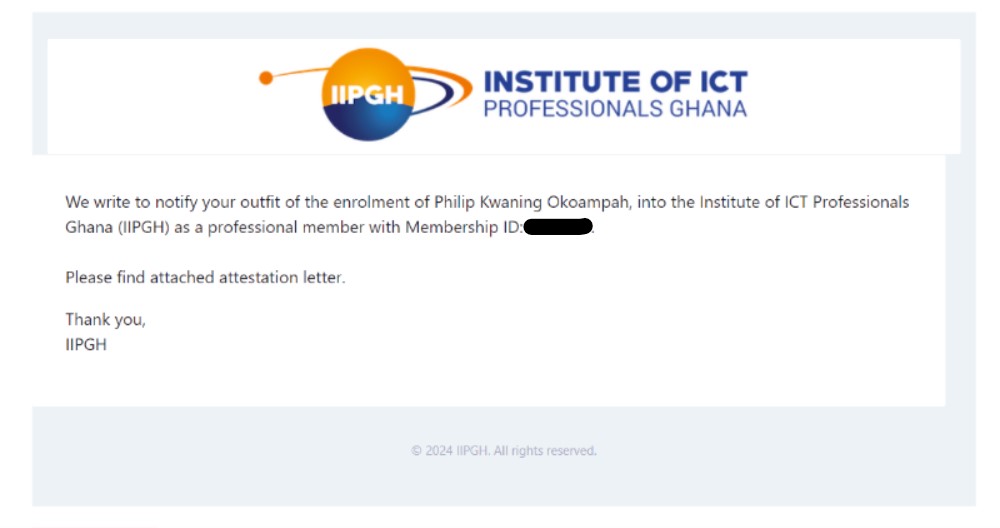 the_dataguy_gh's tweet photo. Excited to share that I'm now a proud member of @IIPGH1
Looking forward to engaging in continuous professional development programs, workshops, and seminars on cutting-edge technologies. Grateful for the opportunity to contribute to a vibrant ICT ecosystem.
#ICTProfessionals https://t.co/Z2L4LTxJoy