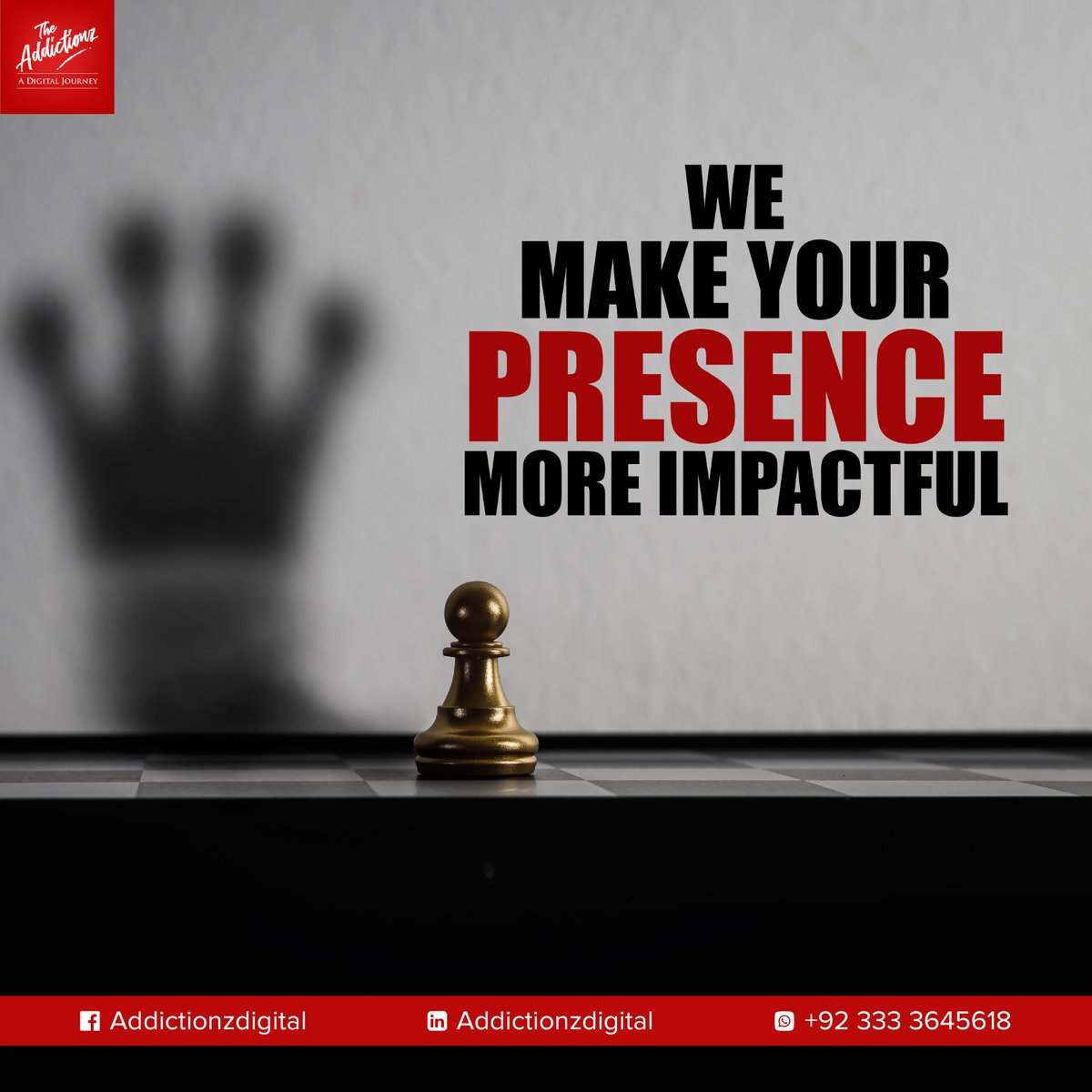 Ready to make a big impression? 
At Addictionzdigital we specialize in turning ordinary into extraordinary, and we're here to make your presence truly impactful. Get in touch today and let's create something unforgettable! #ImpactfulPresence #CreativeAgency #addictionzdigital