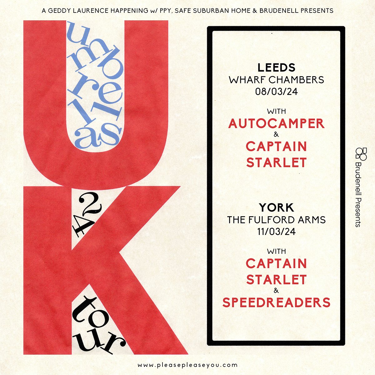 Ace San Fran DIY/indie-pop band <a href="/theumbrellassf/">the umbrellas</a> are in the UK next month celebrating their awesome new LP on <a href="/ToughLove/">Tough Love</a> / <a href="/SlumberlandRecs/">Slumberland Records</a> 
Joined at <a href="/WharfChambersCC/">Wharf Chambers</a> Leeds &amp; <a href="/fulfordarmsyork/">Fulford Arms</a> by <a href="/AutocamperBand/">Autocamper</a> <a href="/captain_starlet/">Captain Starlet</a> &amp; Speedreaders.
&gt;&gt; pleasepleaseyou.com