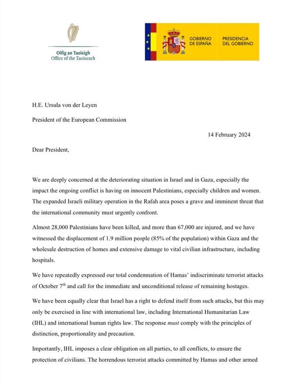 GovIE's tweet photo. The EU's commitment to human rights and dignity can have no exceptions. Given the critical situation in Rafah, Ireland and Spain have just requested the @EU_Commission to urgently review whether Israel is complying with its obligations to respect human rights in Gaza. https://t.co/9ZvzCjC2yM