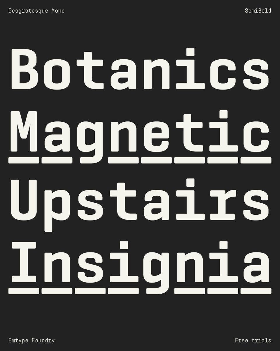 emtype's tweet photo. Geogrotesque Mono, new release! 🔥
—
https://t.co/1Tz1yLaQ7O
—
#font #typeface #typography
#geogrotesque #monospaced #underscored https://t.co/lOfFukkdZQ