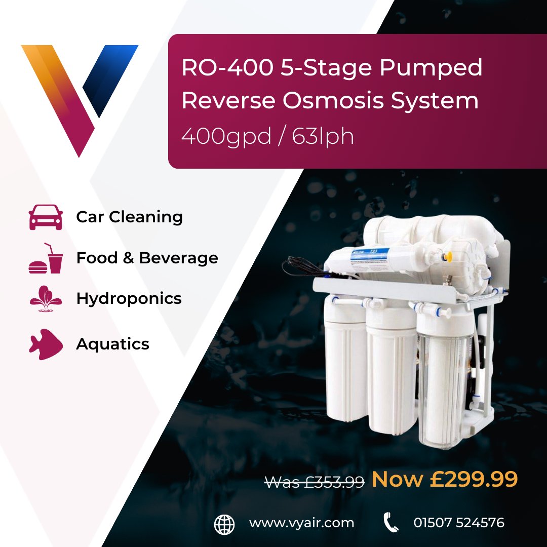 Look at this! RO-400 with 3-stages of pre-filtration, an RO membrane and post filtration to create the ultimate in filtered water for your business or home
Was: £353.99 NOW: £299.99

Buy Now: vyair.com/product/ro-400…

#vyair #reverseosmosiswater #WATERFILTRATION #cleanwatermatters