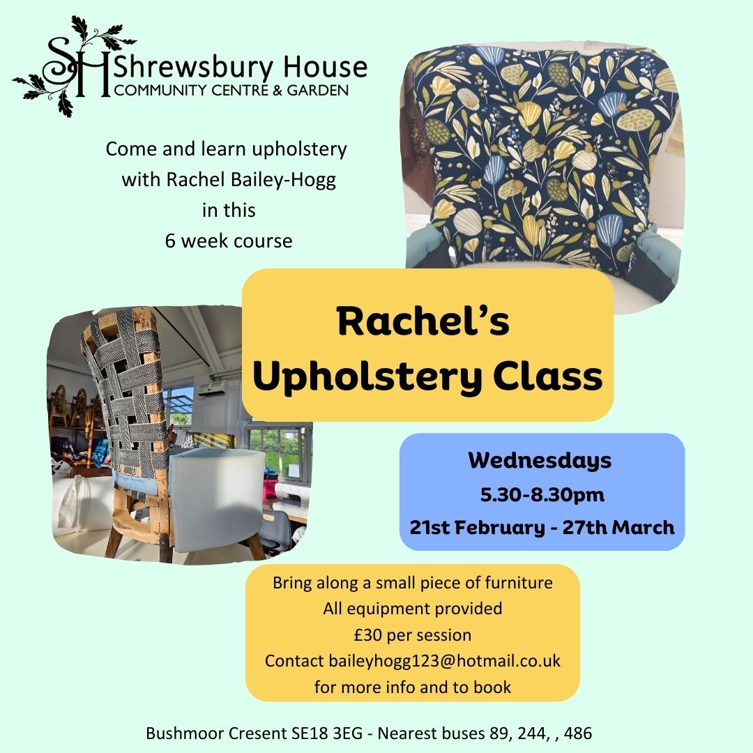Come and revive your furniture at Rachel's Upholstery Class starting Wednesday 21st February 5.30-8.30pm £30 per session Contact baileyhogg123@hotmail.co.uk to book @BabyMiniPicasso #shrewsburyhousecommunitycentre #upholstery #upholsteryclass #se18 #greenwich #plumstead