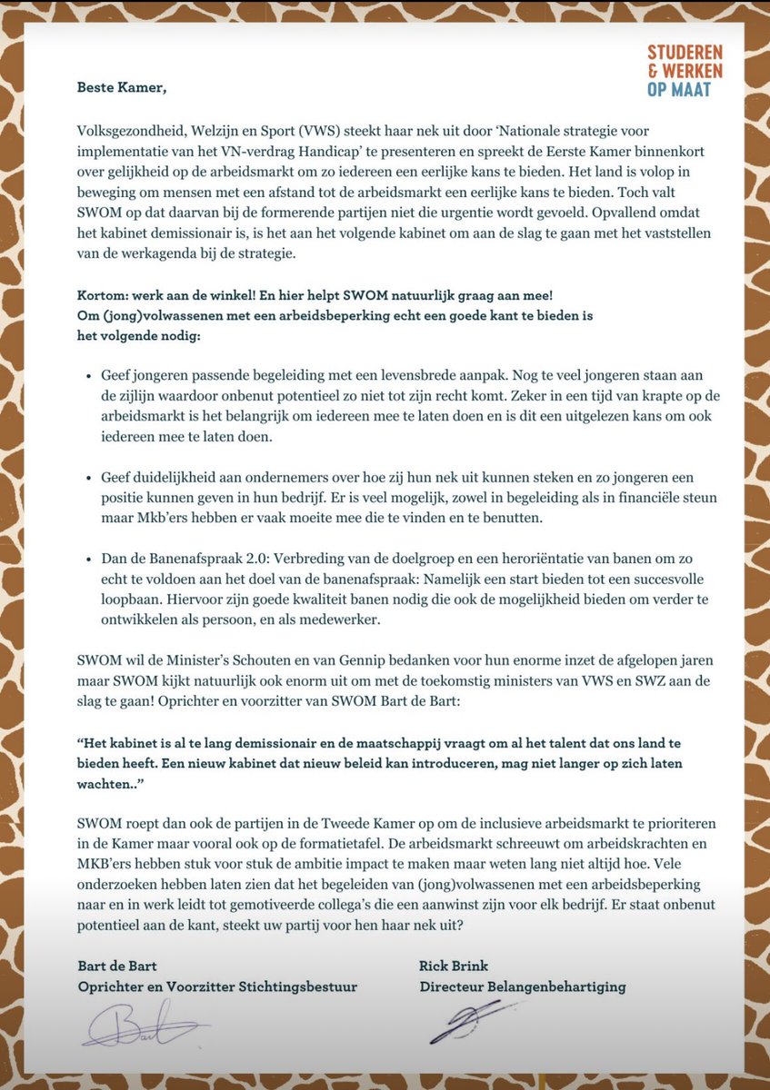 Onze gezamenlijke brief 📨 samen met collega <a href="/BrinkRick85/">rick brink</a> aan de <a href="/2eKamertweets/">Tweede Kamer</a> om de snelheid erin te houden! 🦒 

We hebben een Nationale Strategie voor de implementatie van het VN-verdrag Handicap 🤝

Laten we het gaan uitvoeren team <a href="/studerenopmaat/">Stichting SWOM</a> staan in de startblokken 💪