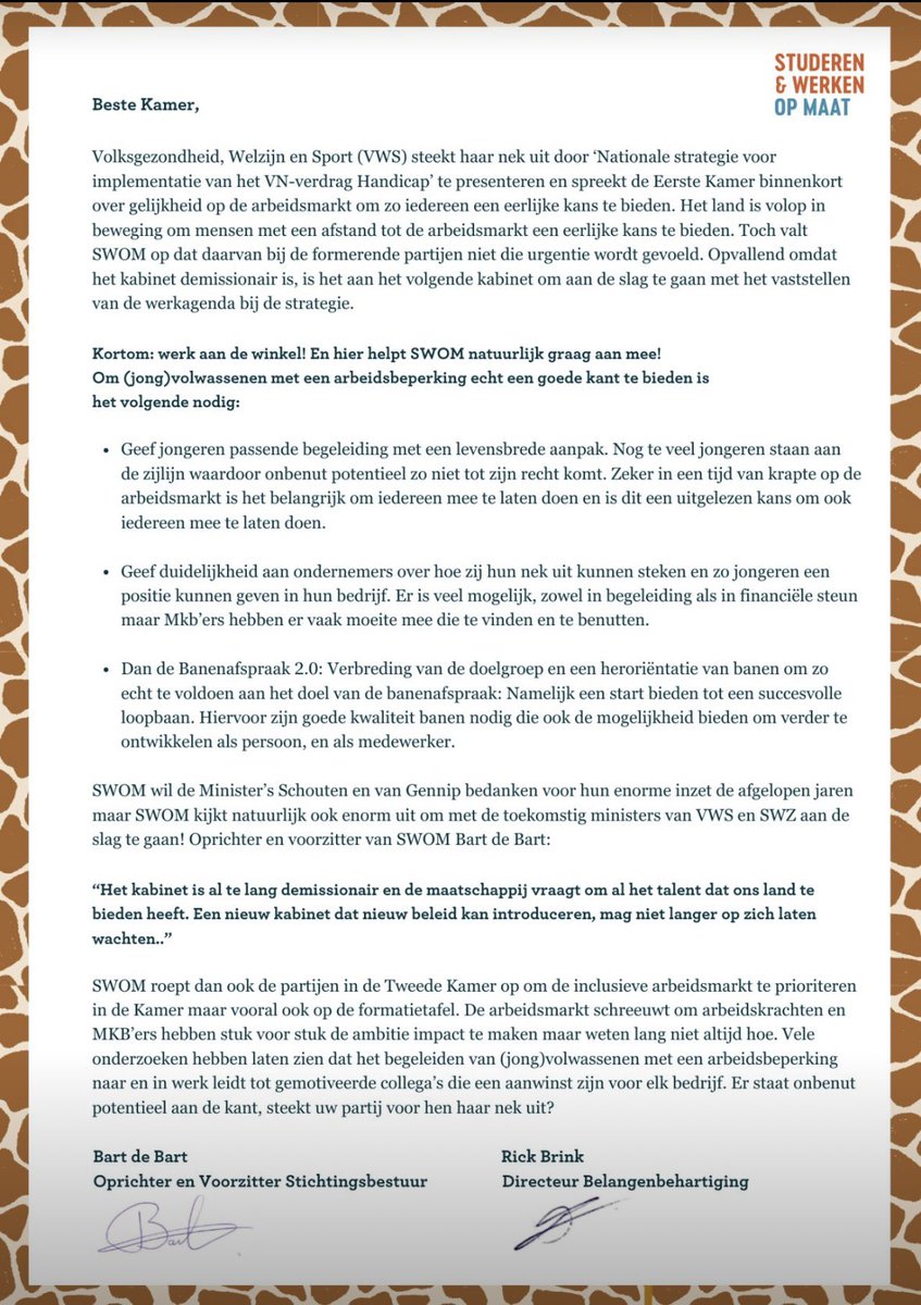 Onze gezamenlijke brief 📨 samen met collega @BrinkRick85 aan de @2eKamertweets om de snelheid erin te houden! 🦒 We hebben een Nationale Strategie voor de implementatie van het VN-verdrag Handicap 🤝 Laten we het gaan uitvoeren team @studerenopmaat staan in de startblokken 💪…