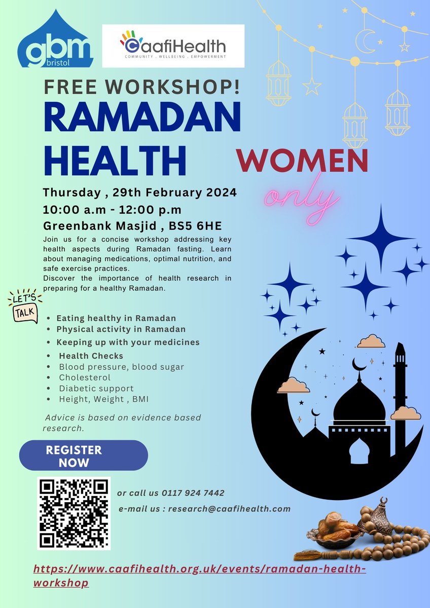 In partnership with Greenbank Masjid, Caafihealth is hosting a workshop for women on healthy eating and medicine adherence during fasting. The attendees can receive free health check-ups, including blood pressure, blood sugar, weight, height, and cholesterol checks.
