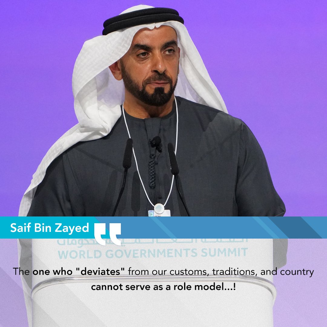 "الشــاذ" عن عــاداتك وتقاليــدك وبـلادك، لا يمكن أن يكون قــدوة... ! 

The one who "deviates" from our customs, traditions, and country cannot serve as a role model...!

#القمة_العالمية_للحكومات 
#WorldGovSummit 
#WGS24
