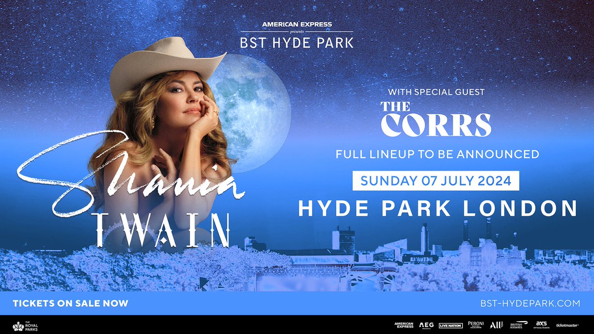Tickets to see us return to London's Hyde Park on the 7th July as special guest to @ShaniaTwain are now on sale! bst-hydepark.com/events/shania-… @BSTHydePark #TheCorrs