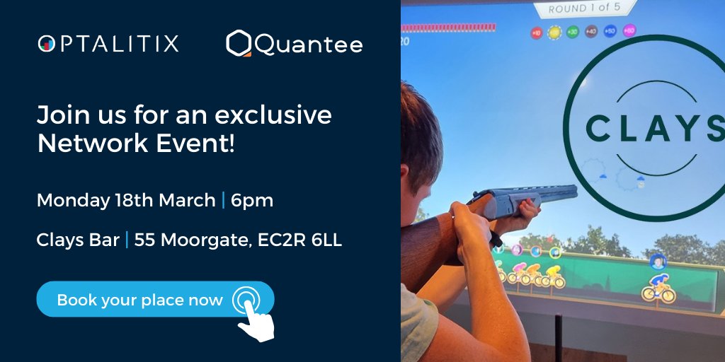 Optalitix and Quantee are delighted to host an evening of virtual clay pigeon shooting at Clays City, to kick off Insurtech Week London.
 
You can also pick up your Insurtech Insights Europe conference passes and save from queueing on the day!

Book today: bit.ly/49wAVE0