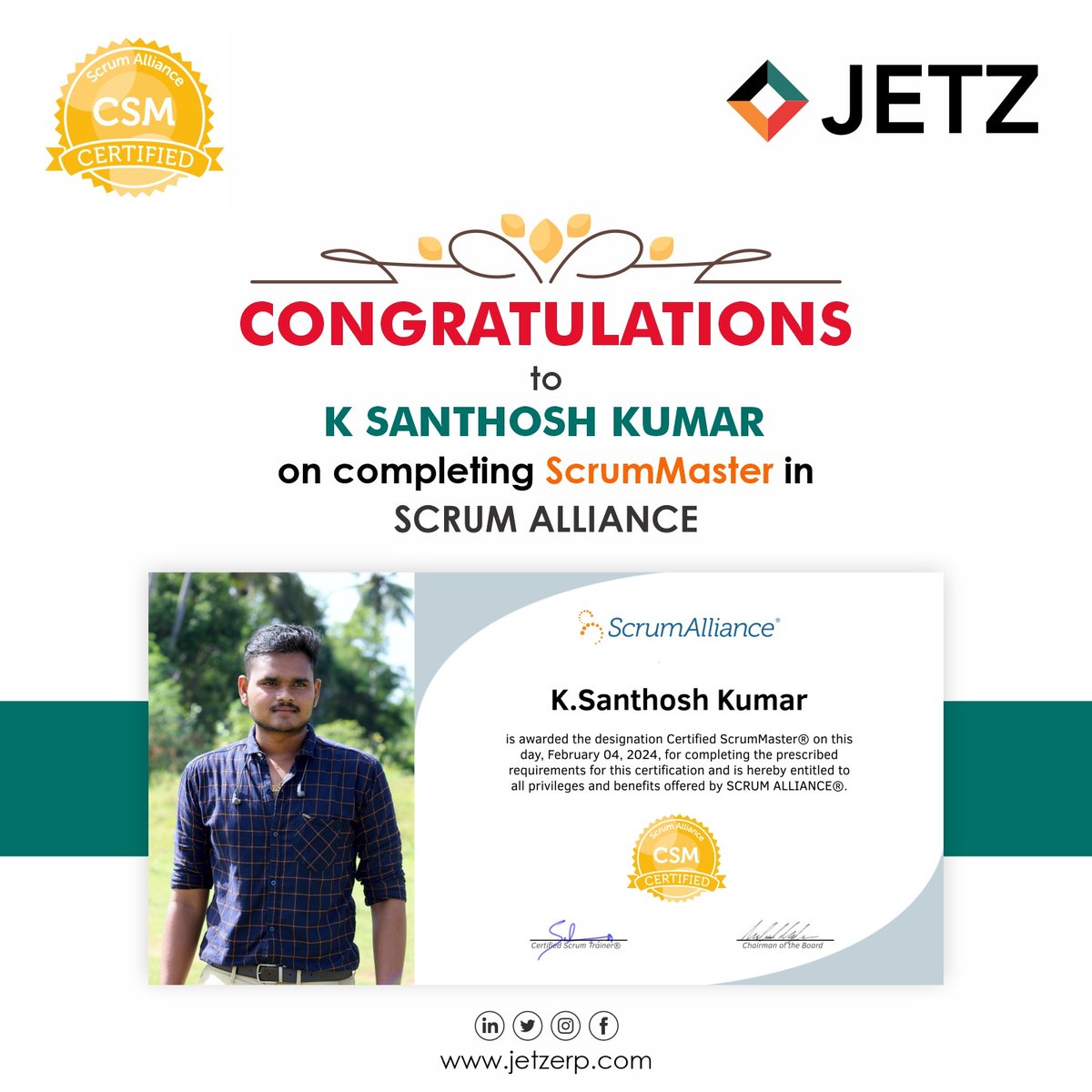 JETZERP's tweet photo. "Big congrats, Santhosh Kumar, on earning your ScrumMaster certification from Scrum Alliance! 🌟 Your dedication to mastering agile methods is truly impressive. Here's to more success in leading teams! 🚀
#ScrumMaster #CertificationSuccess #AgileLeadership #AgileMethods https://t.co/5YTeLQoPTO