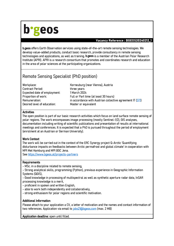 #phdopportunity within the QArctic project working on land surface remote sensing of polar regions at b.geos in Austria. 

📅Position open until filled