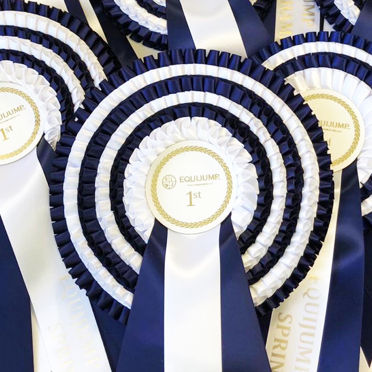 These navy and white #rosettes with gold film centres and printed tails have just been completed for Showjumping Ireland to feature in their #Equijump Spring Tour!

[Visit sji.ie/Ponies/Leagues… for more information on the tour.]
<a href="/ShowjumpingIrl/">ShowjumpingIreland</a> #showjumping #equestrian