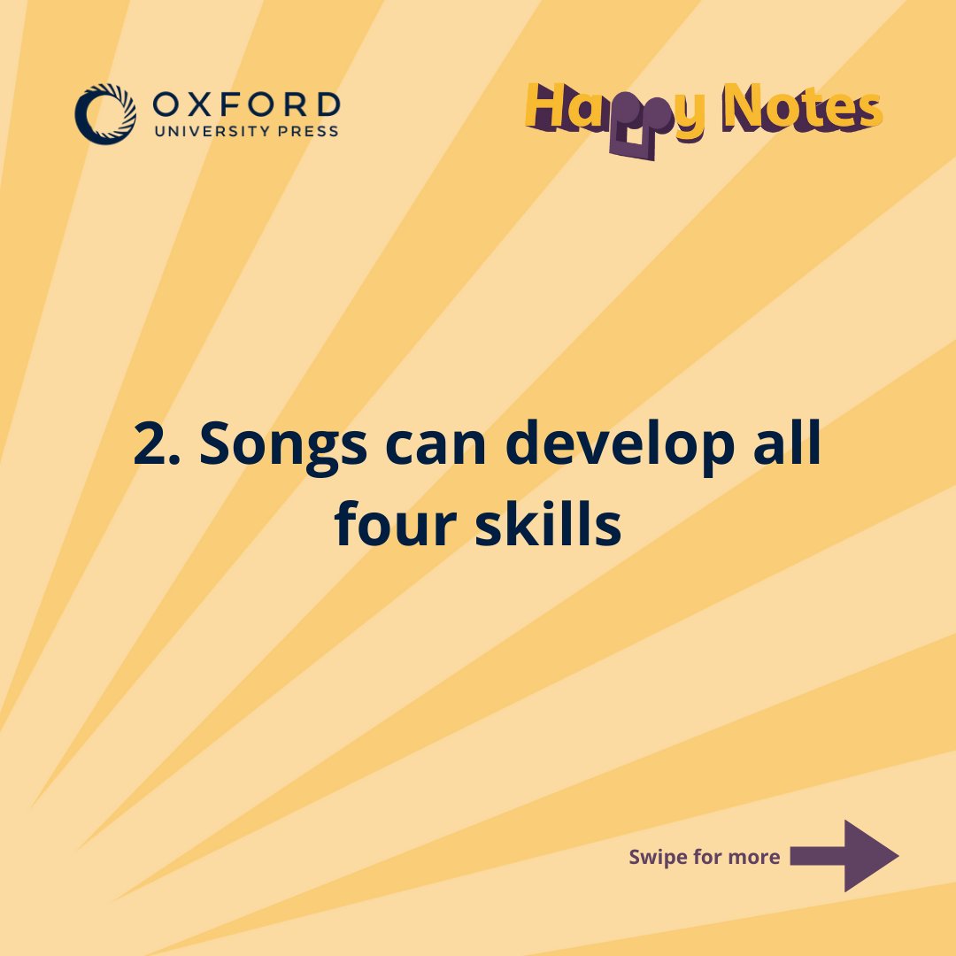 OUPELTGlobal's tweet photo. 3 more reasons to use songs with your young learners. 1️⃣ Songs help balance energy levels, 2️⃣ Songs can develop all four skills, 3️⃣ Songs stay in your students' minds.
Read the blog > https://t.co/ZsgtASw330
#HappyNotes #TeachingWithSongs #ELT https://t.co/zcyNRxvdYX