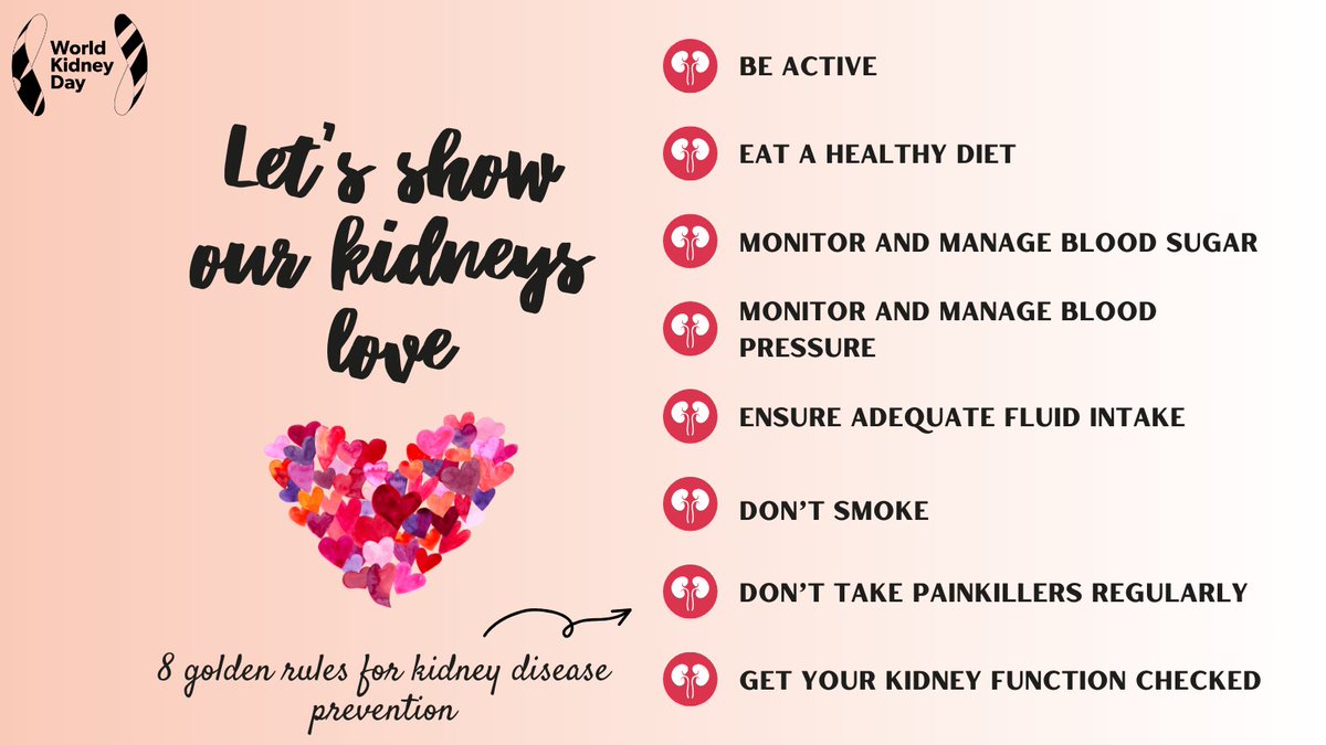 What can I do to protect my #kidneys? There are 8 golden rules to reduce the risk of developing #KidneyDisease. Learn more 👉🏽 worldkidneyday.org/about-kidney-h… #WorldKidneyDay #Prevention