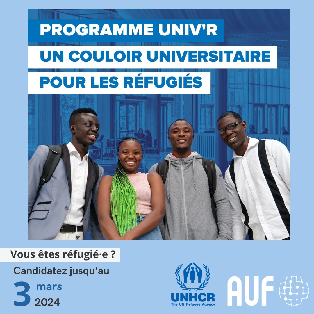 📢L’AUF et <a href="/UNHCRfrance/">Le HCR en France</a> ouvrent un appel à candidatures pour les étudiants réfugiés dans un premier pays d’asile, désirant poursuivre une formation au niveau Master dans un établissement français. 
📆Date limite : 3 mars 2024. 
➕d'infos sur l.auf.org/univr