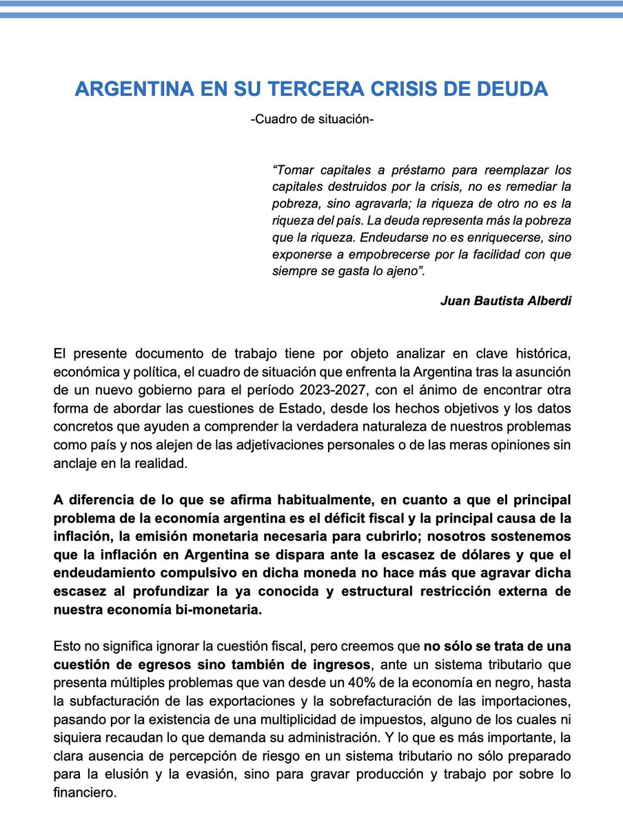CFKArgentina's tweet image. En el día de San Valentín y, como siempre, enamorada de la Patria comparto con ustedes el documento de trabajo “Argentina en su tercera crisis de deuda. Cuadro de situación”. Va con cita de Juan Bautista Alberdi 😉 
drive.google.com/file/d/1n3eXVL…