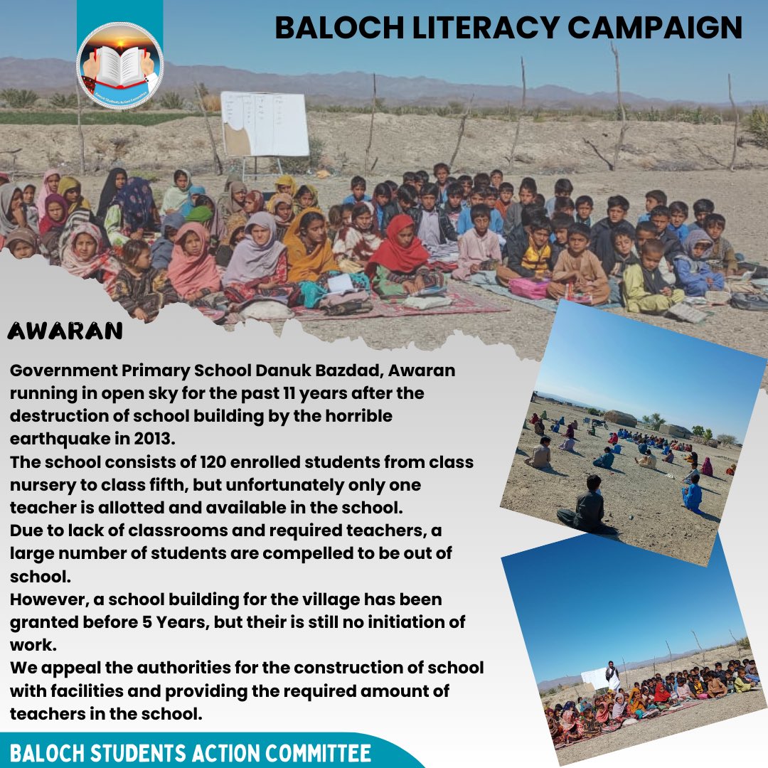 BLC_BSAC's tweet photo. Govt Primary School Danuk Bazdad, Awaran running in open sky for the past 11 years after the destruction of building by horrible earthquake in 2013.
The school consists of 120 enrolled students allotting only one teacher.
The authorities must take notice
#BalochLiteracyCampaign https://t.co/qscxsddUvJ