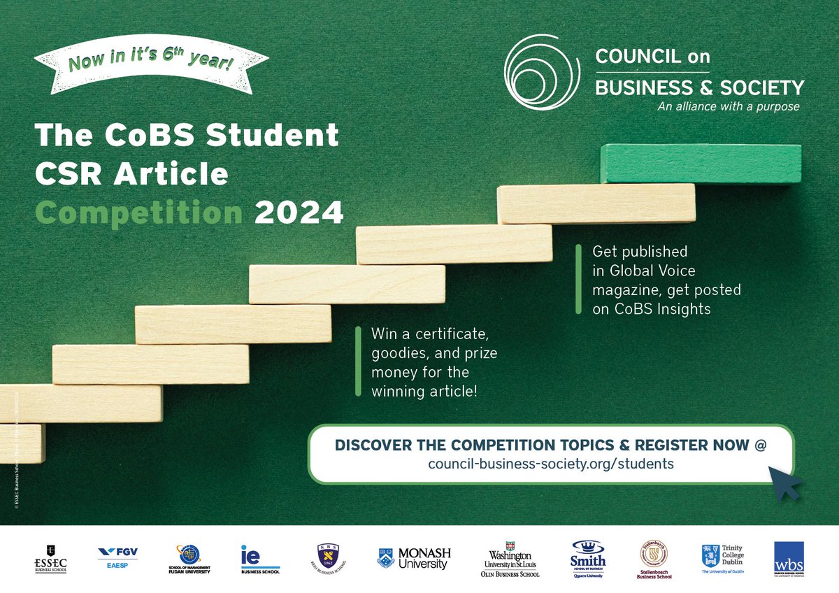🎙️| Now in its 6th year, <a href="/The_CoBS/">The Council on Business & Society</a> #launches its #student #CSR article #Competition 2024! Open to students of all programs &amp; currently at one of the alliance’s member BSchools. Register, write &amp; submit! tinyurl.com/mr523nff