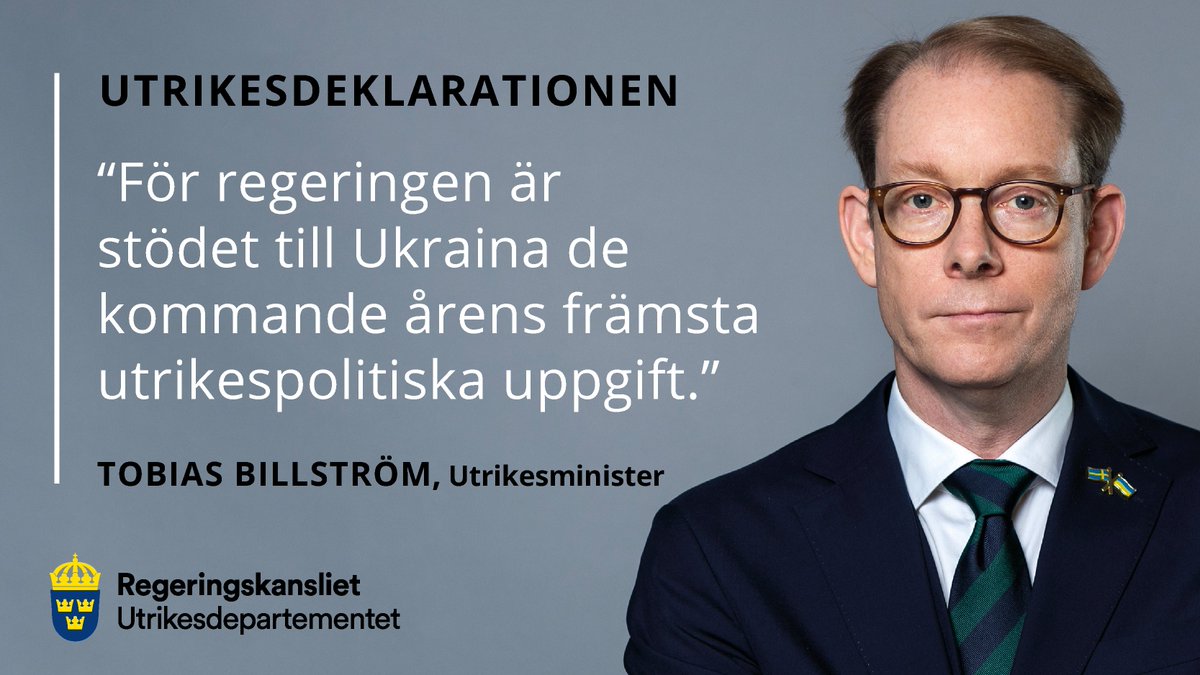 Sveriges fortsatta stöd till Ukraina är en av prioriteringarna i utrikesdeklarationen. @TobiasBillstrom Läs mer⬇️ regeringen.se/tal/2024/02/ut…