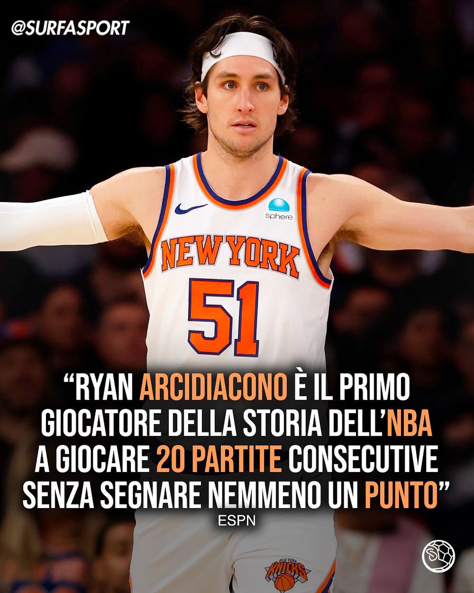 🇺🇸 NBA “IL “TRISTE” RECORD DI RYAN ARCIDIACONO” 🚨 #ESPN ha rivelato che #RyanArcidiacono, numero 51 dei #NewYorkKnicks, ha stabilito il triste #record di aver giocato 20 partite consecutive in #NBA, senza mai segnare un canestro 😱 Nonostante il primato assoluto nella lega, i…