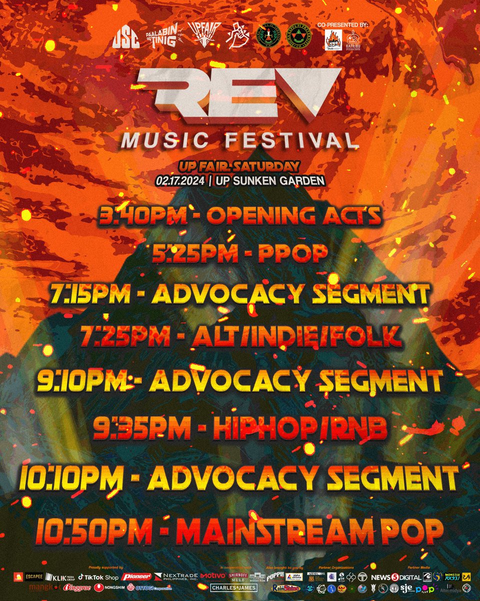 PRESENTING… Timeslot of the Main Genres this REV 2024! 💥

Make sure to stay tuned para hindi mo ma-miss ang performance ng favorite artists mo. 🌟

See you mga ka-REV! Palapit na tayo ng palapit. 🧡

#REV2024
#UPFairSaturday
#UPFair2024
#PaalabinAngTinig
#ProtectAncestralLands