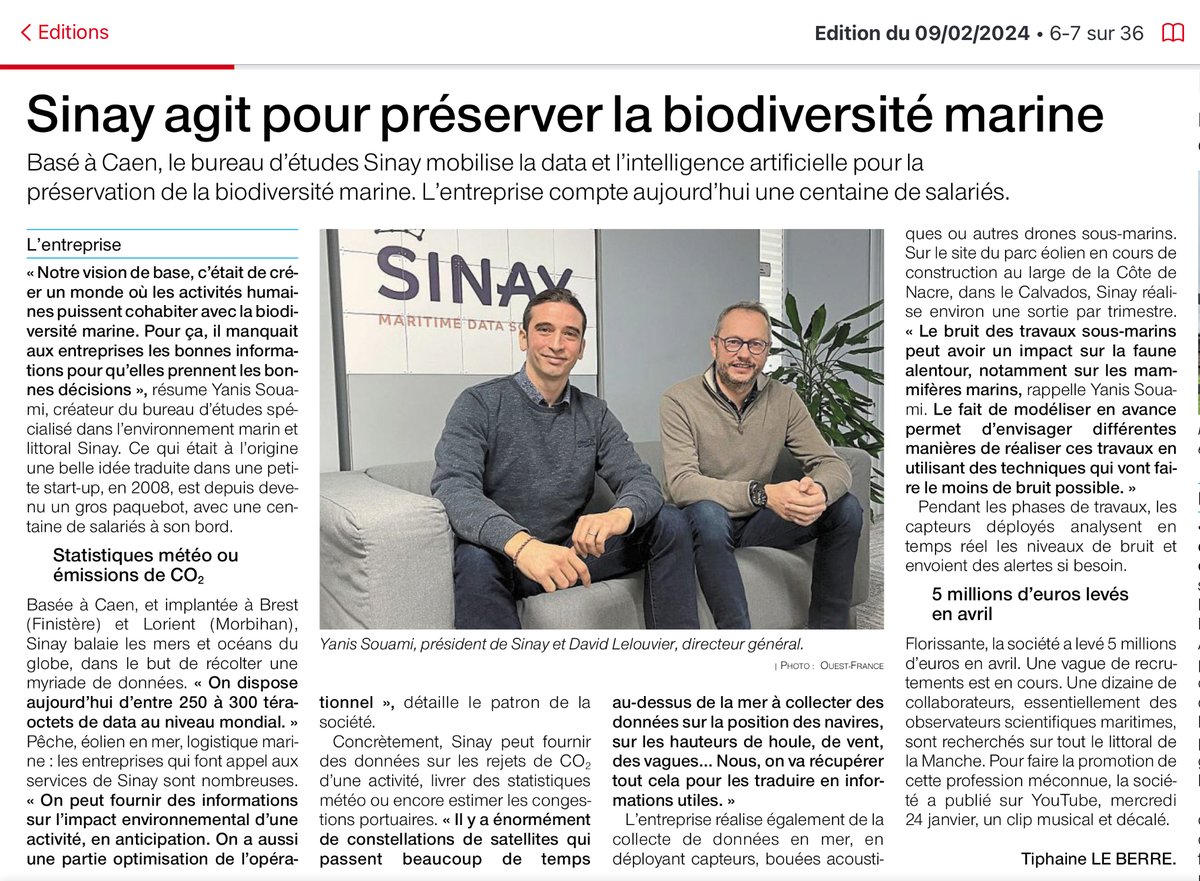 SINAY (@sinaycommunity) on Twitter photo Préserver la biodiversité 🔽🐬
Un grand merci à Tiphaine (<a href="/OuestFrance14/">Ouest-France 14</a>) pour cet article mettant en lumière notre engagement: faire cohabiter activités humaines et biodiversité marine!
Félicitations à toutes les équipes Sinay pour leur travail accompli et à venir ✨ Préserver la biodiversité 🔽🐬
Un grand merci à Tiphaine (<a href="/OuestFrance14/">Ouest-France 14</a>) pour cet article mettant en lumière notre engagement: faire cohabiter activités humaines et biodiversité marine!
Félicitations à toutes les équipes Sinay pour leur travail accompli et à venir ✨