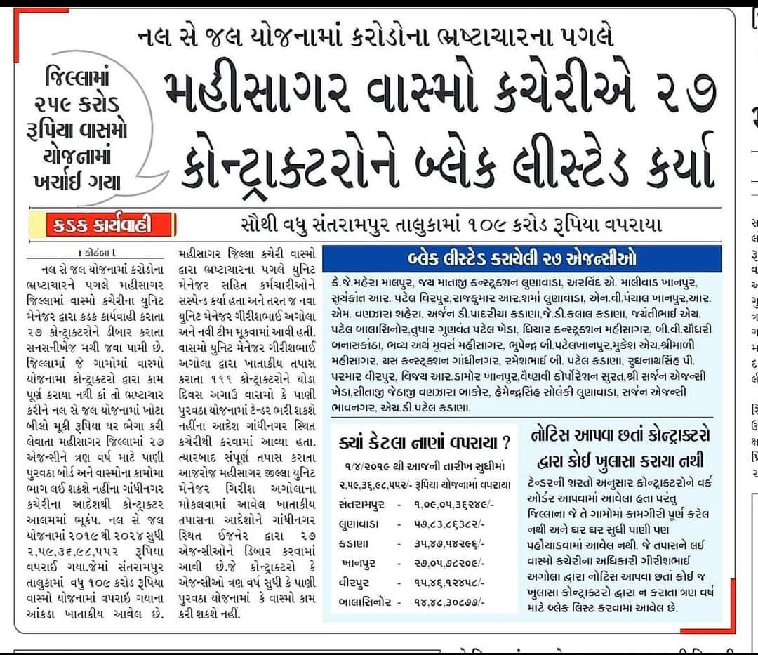 નલ સે જલ યોજનામાં મહિસાગર જિલ્લામાં કરોડો રૂપિયાનો ભ્રષ્ટાચાર. <a href="/collectormahi/">District Magistrate & Collector Mahisagar</a>