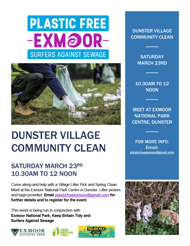 ExmoorNPCs's tweet photo. Join #PlasticFreeExmoor for a Dunster Village Community Clean on Saturday March 23rd from 10.30am. Contact plasticfreeexmoor@gmail.com for further details & to register for the event. #Exmoor @ExmoorNP @dunsterofficial @Dunster_Info @DunsterCastleNT @sascampaigns @KeepBritainTidy https://t.co/WvqVGnSxrg