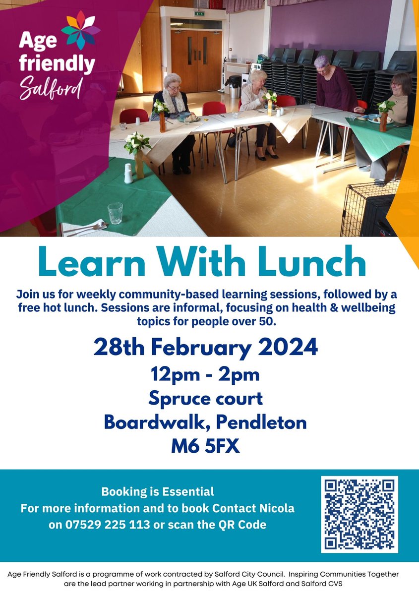 Join @AgeSalford  for a 5-week Lunch and Learn series designed for people over 50.
From: Wednesday 28th February, 12pm-2pm at Spruce Court Community Room in Pendleton, M6 5FX 
Each session will be followed by a free lunch.
Booking is essential.  #AgeFriendlySalford