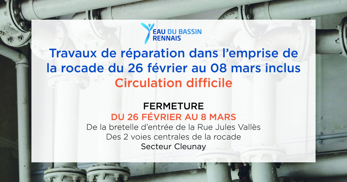 [ INFORMATION IMPORTANTE ] - du 26/02 au 08/03 inclus ⚠️Travaux dans l’emprise de la rocade – Circulation difficile ⚠️ Plus d’informations à retrouver sur le site internet : eaudubassinrennais-collectivite.fr/blog/travaux-d… #rocaderennes #infotrafic #travaux #eaudubassinrennais