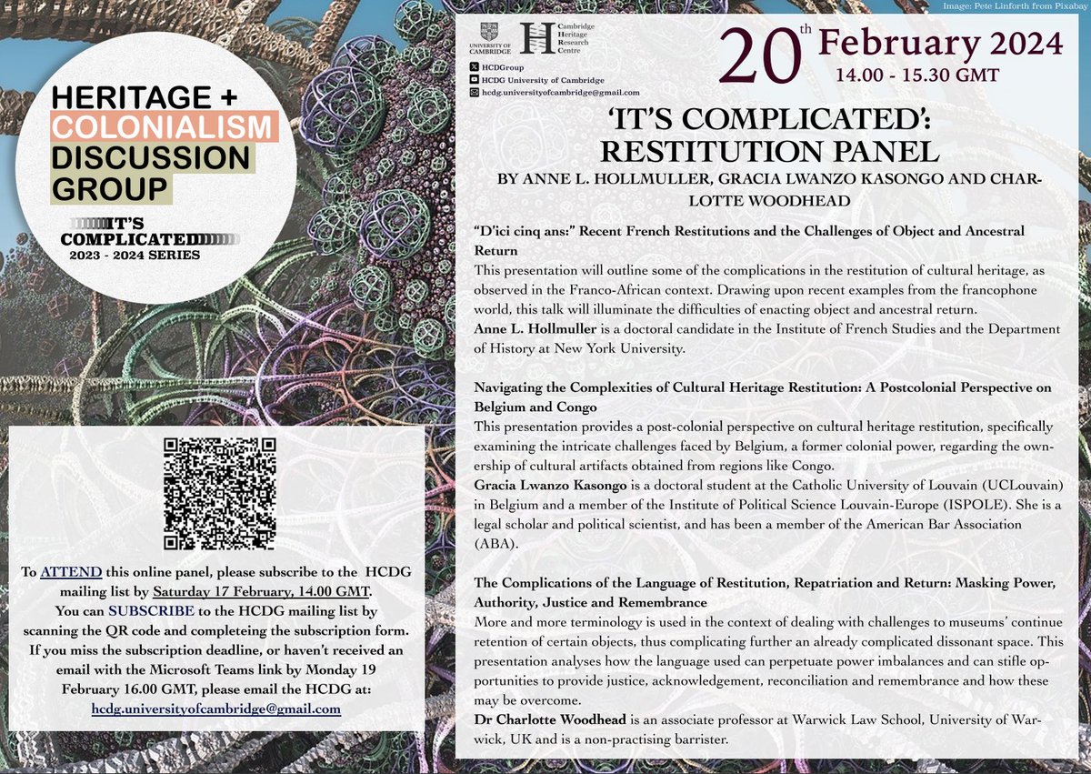 🚨Next #HCDG talk: Tuesday, 20th February @ 2-3:30pm. We’ll have a panel on ‘Restitution’ by Anne L. Hollmuller, @GraciaLwanzo, and @cc_woodhead. 👉For attendance instructions see ⬇️