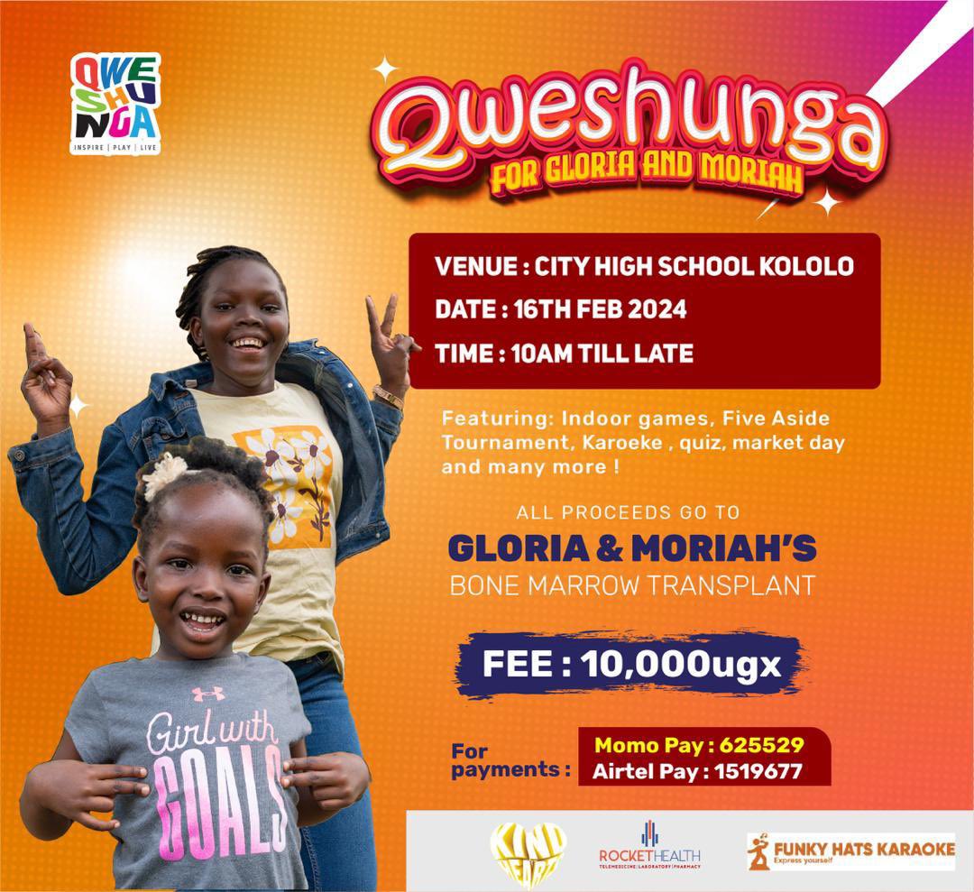 🚨Mark your calendar & spread the word! 🚨

@qweshunga is hosting a fundraising event to raise money for Gloria & Moriah’s bone marrow transplant. Expect games, tournaments, karaoke & free sickle cell screening by @RocketHealthUG. 
 
See poster for more details.

#InspirePlayLive