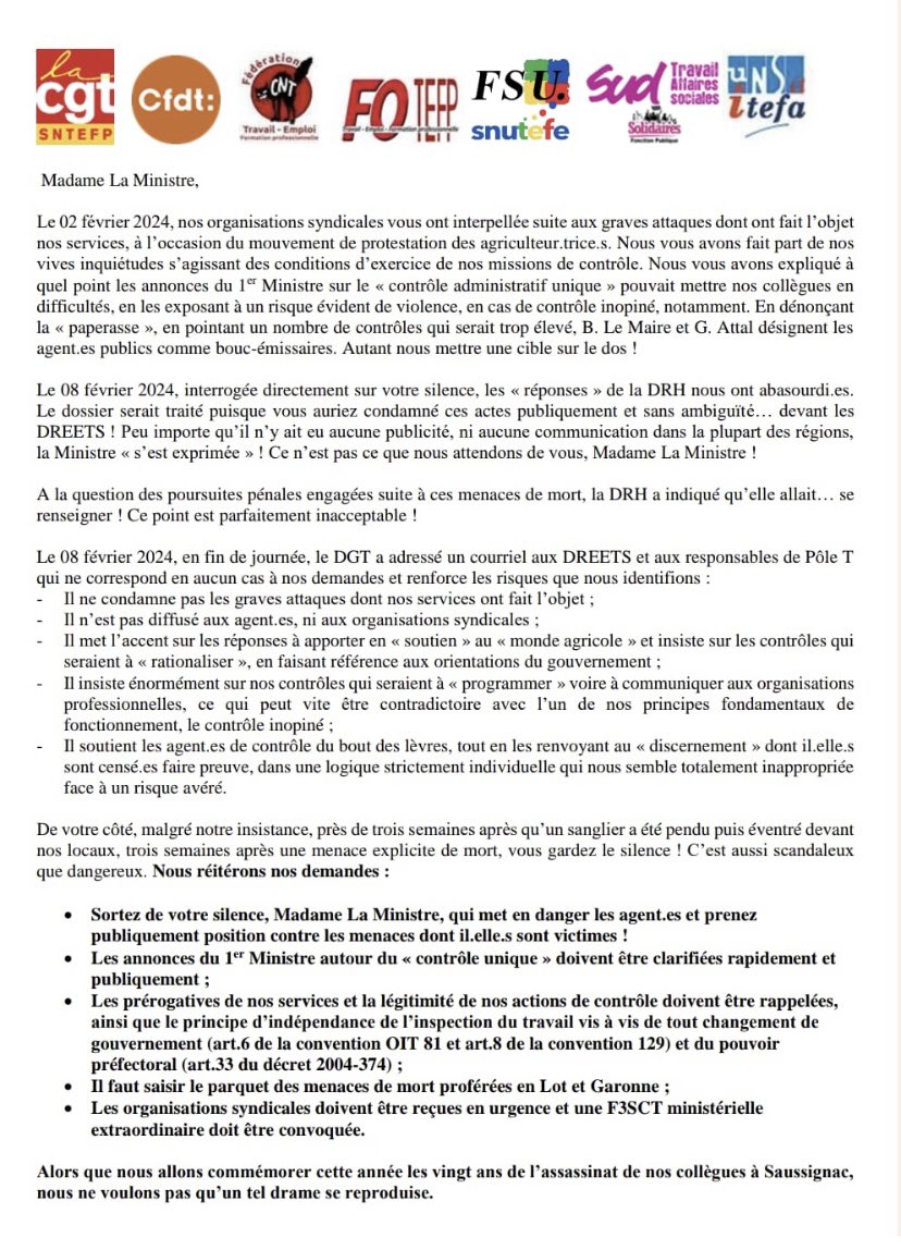 3 semaines après les graves menaces dont ont fait l'objet nos services, toujours aucune réaction publique de <a href="/CaVautrin/">Catherine Vautrin</a> !
La légitimité de nos contrôles, le plus souvent INOPINÉS, doit être réaffirmée et surtout pas attaquée, sous couvert de contrôle "unique" ou "rationnalisé" 👇