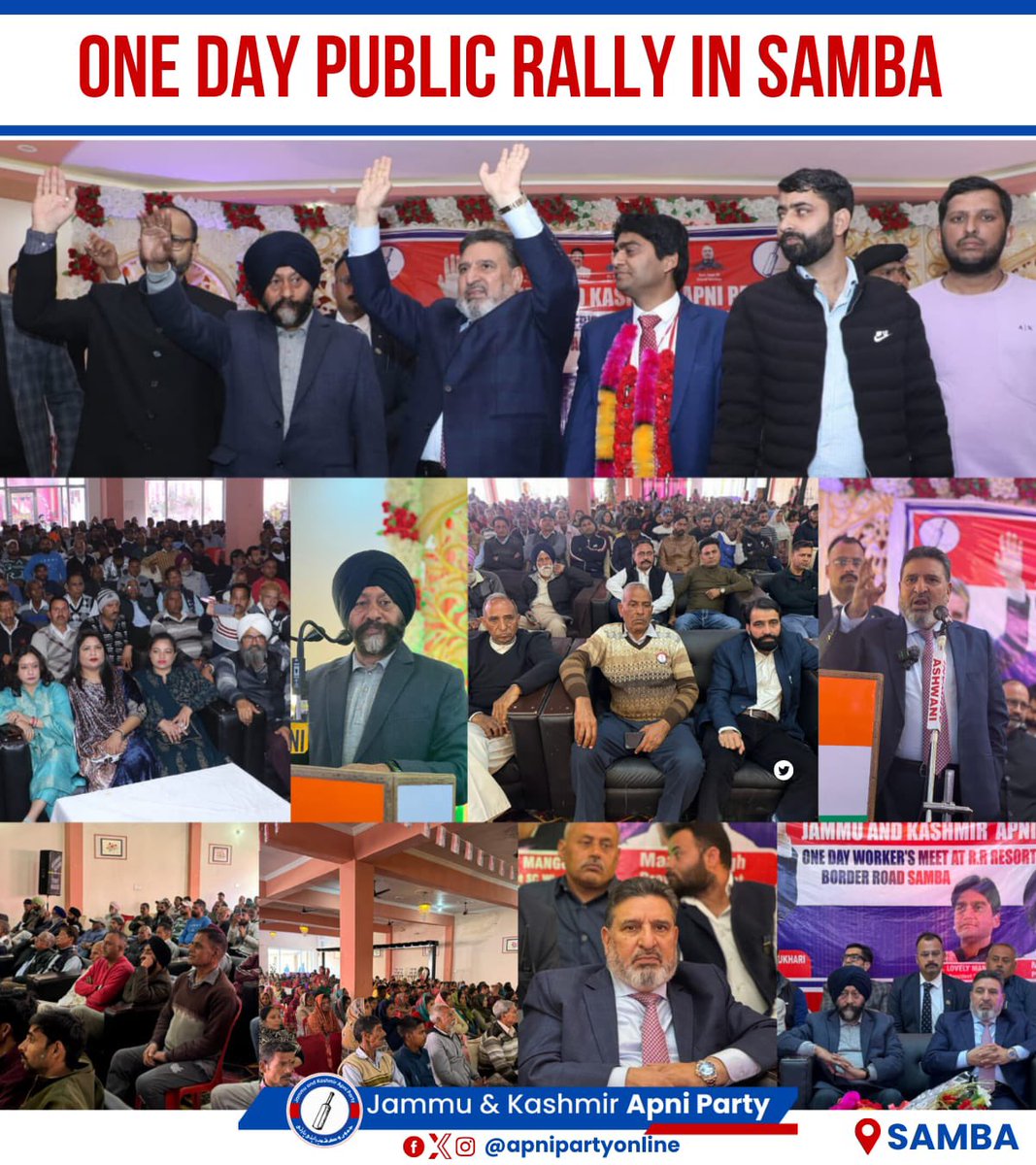 SMAltafBukhari's tweet photo. Delighted with the overwhelming participation of people from the Jammu division in public rallies at Bishnah Jammu, Gole Gujral Jammu and Samba over the last few days. The leadership of the party as well as organisers of the rallies across the region deserve accolades for ensuring successful conduct of the events. Due gratitude to the public also for participating in the rallies thereby sending a clear message to everyone that J&K Apni Party's basic agenda of welfare and development of Jammu and Kashmir has found its touch and connect with the common masses in both the regions. J&K Apni Party is here to stay and we renew our pledge to develop Jammu and Kashmir on equal lines with the rest of the regions of the country irrespective of any difference.

#Apniparty 
#Jammu 
#JammuAndKashmir