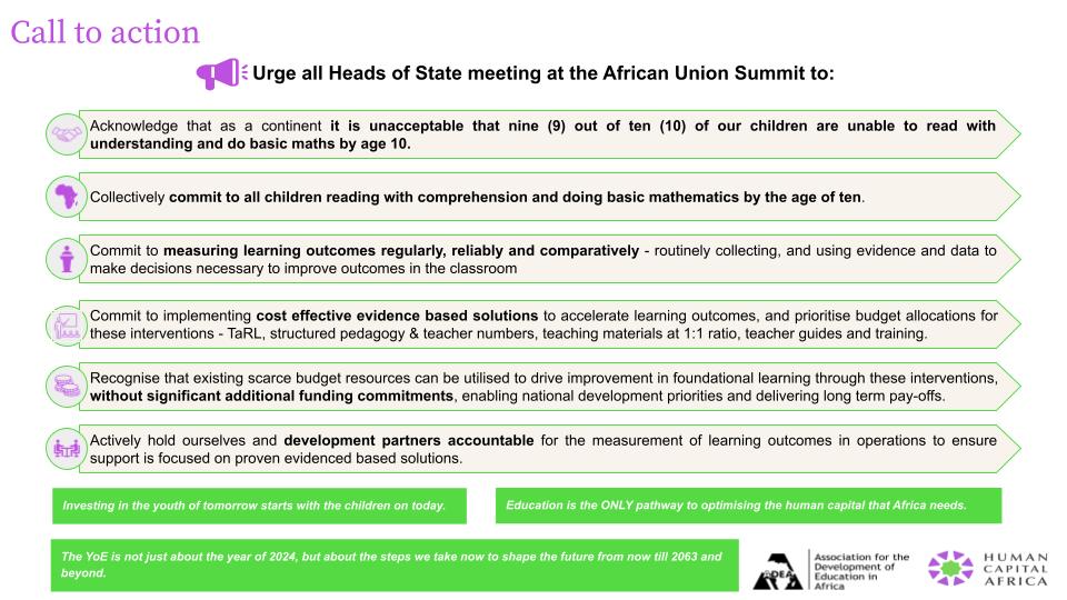 📢As the @_AfricanUnion Summit approaches, we urge all education advocates and changemakers to press African leaders for a concrete, system-wide commitment to tackling the learning crisis. 

⏰We must act now!

#HCASummit4action
#Foundationallearning, #AUYearofEducation