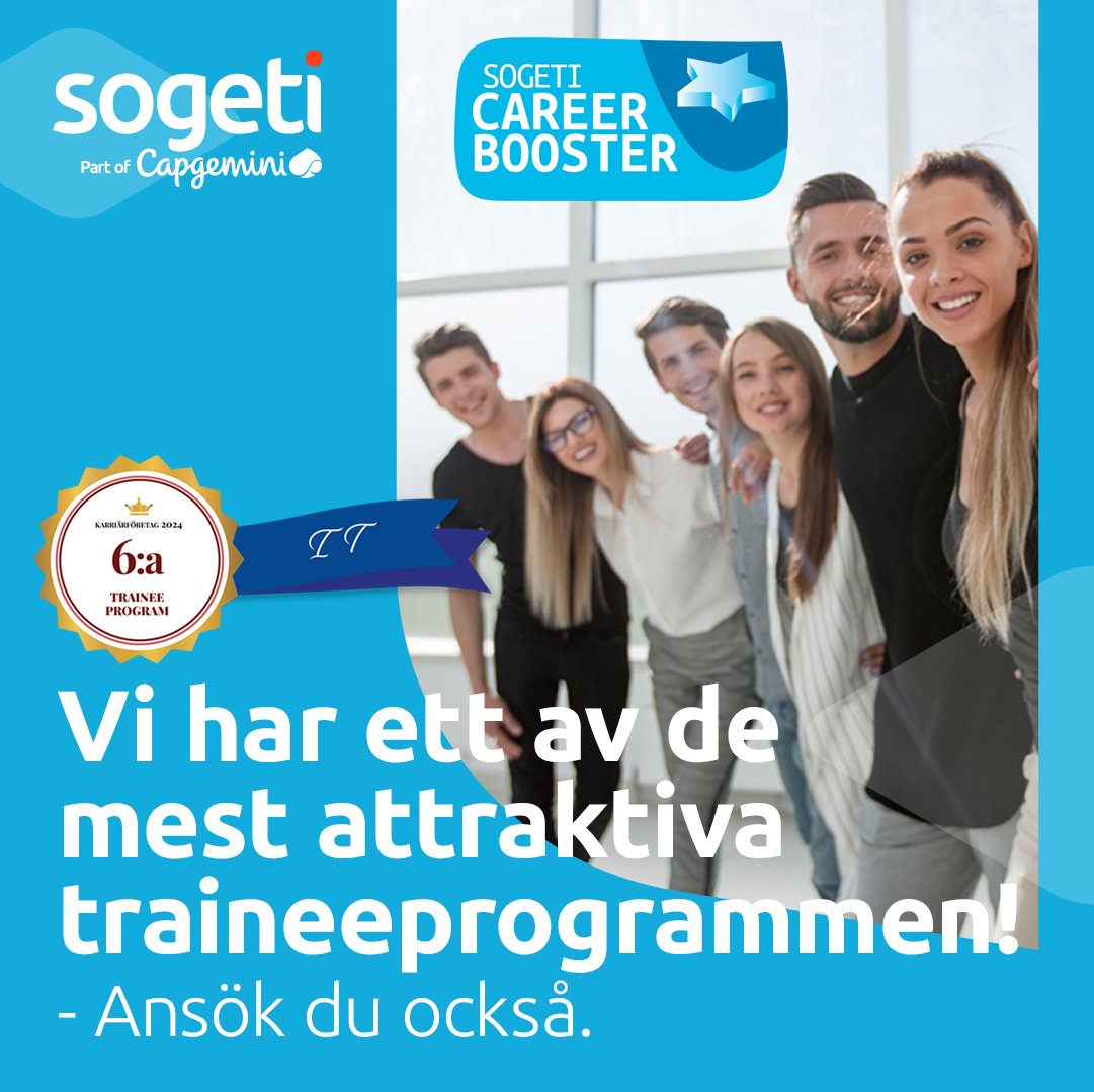 🙌 | Vi på #Sogeti är stolta &amp; glada! När #Karriärföretagen ännu en gång presenterat sin nationella topplista över Sveriges mest attraktiva #traineeprogram, så återfinns Sogetis populära #SogetiCareerbooster på plats sex i kategorin #IT. Läs mer här: sogeti.se/traineeprogram…