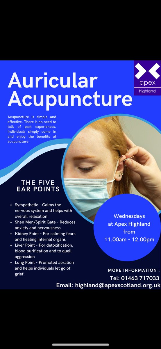 We are re-introducing Wednesday Acupuncture sessions at the Apex Highland Office from Wednesday 28th February from 11.00am - 12.00pm.  Please get in touch for more details! #apexhighland #mentalhealth #holistic #apexscotland #auricularacupuncture #relaxation