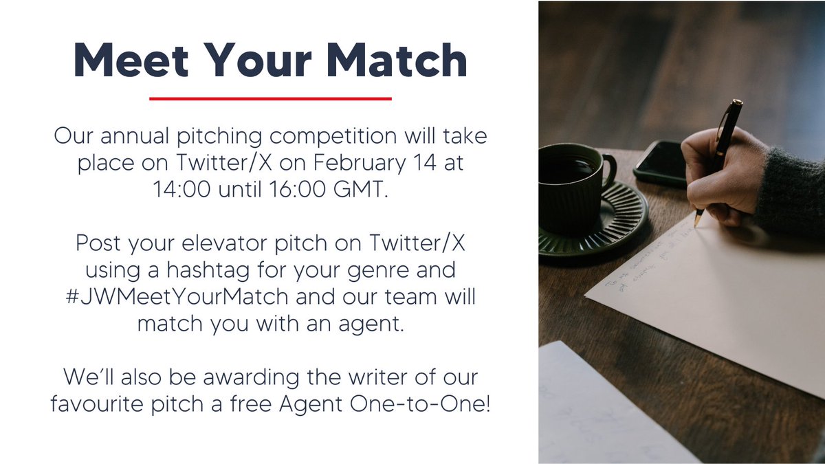 And we're off! Our Meet Your Match event has officially begun 🎉 Before you post your pitch, refresh yourself on the rules below. Get all the details here: tinyurl.com/JWMeetYourMatch Don't forget there's an Agent One-to-One up for grabs 👀 Good luck! ✨ #JWMeetYourMatch