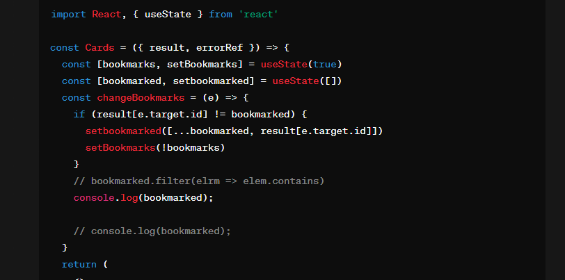 AdityaArya2207's tweet photo. Im currently facing problem in making bookmarks feature in react any tips pic below is my logic #react #programming #javascript #frontend #fronendDeveloper #webdevelopement https://t.co/hFDPltMPkK