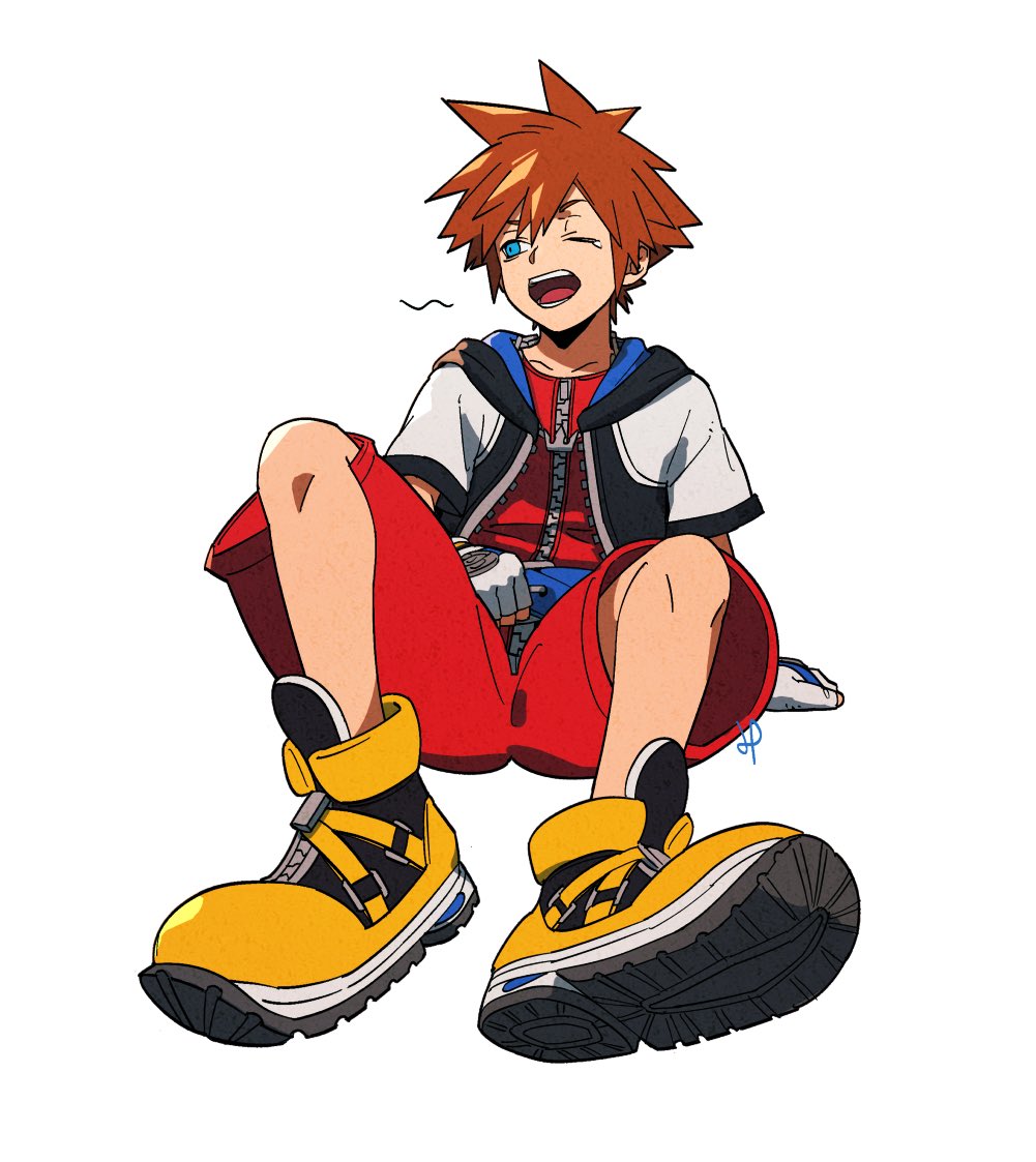 sora (kingdom hearts) 1boy male focus gloves solo blue eyes brown hair open mouth  illustration images