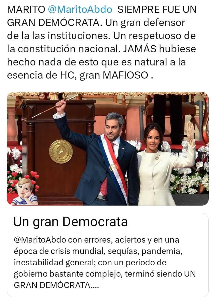 evcrojas's tweet photo. Marito Abdo con errores, aciertos y en una época de crisis mundial, sequías, pandemia, inestabilidad general
Con un periodo de Gobierno bastante complejo, terminó siendo UN GRAN DEMÓCRATA....
Nunca se sometió a Cartes y es lo que no le perdonaron https://t.co/2fFURRYBbE