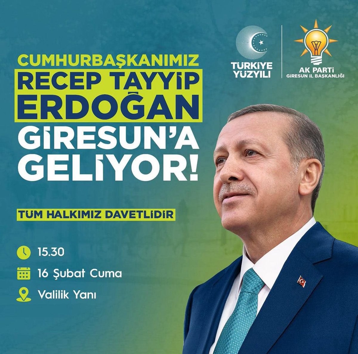 Heyecanlıyız ve gururluyuz. Cumhurbaşkanımız ve Genel Başkanımız Sayın Recep Tayyip Erdoğan, fındığın başkenti Giresun’umuza geliyor. Türkiye Yüzyılı hedeflerimiz doğrultusunda “Gerçek Belediyecilik AK Belediyecilik” demek için tüm hemşehrilerimin katılımlarını bekliyorum.