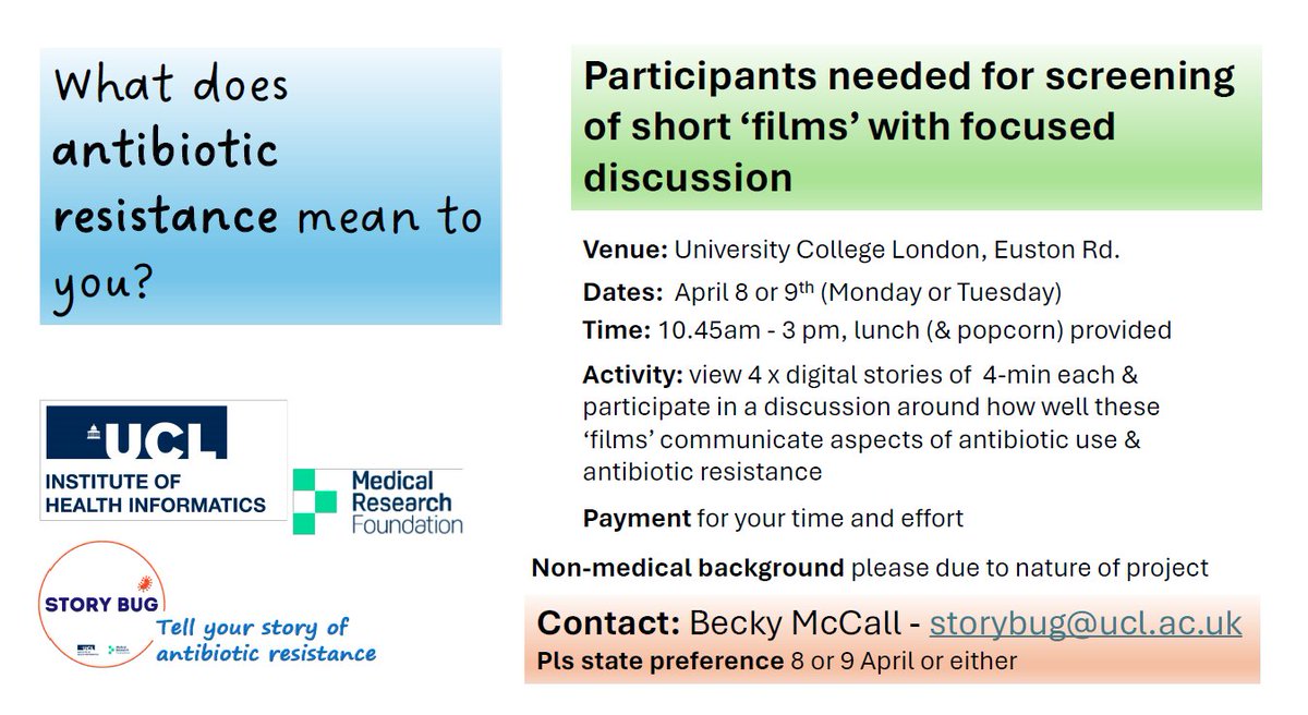 📢 Looking for Research Participants 📢 What does antibiotic resistance mean to you? We are looking for people who would like to view four digital stories and provide feedback in a group discussion. This is a paid opportunity for your time and effort. E-mail storybug@ucl.ac.uk