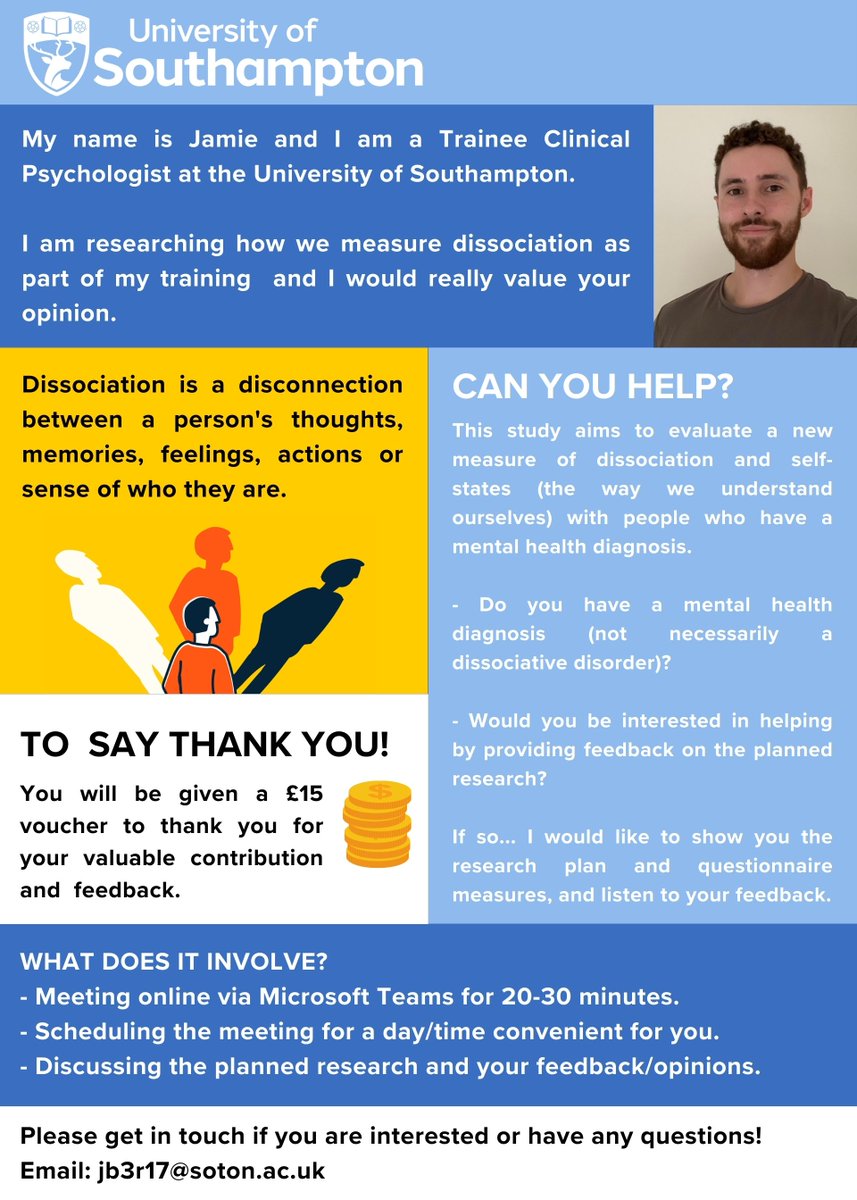 SotonDClinPsych's tweet photo. Jamie is researching how we measure dissociation and how this can affect the way we understand ourselves. If you have lived experience of mental health and a mental health diagnosis, please consider helping by providing feedback on the planned research. Email: jb3r17@soton.ac.uk https://t.co/5cDEPiAOU9