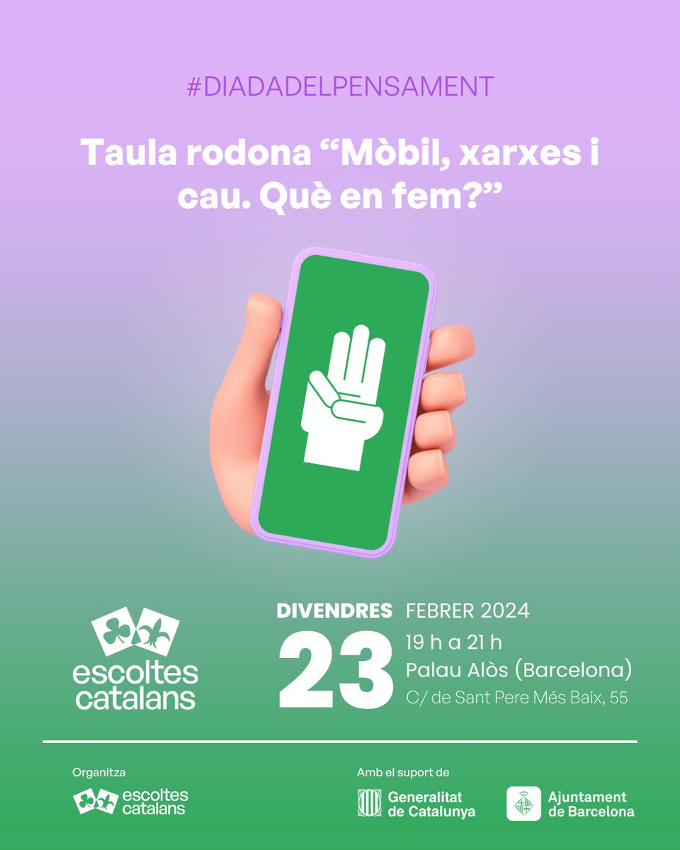 EscoltesCat's tweet photo. ⚜️ Divendres 23 en motiu de la #DiadaDelPensament Escolta, @EscoltesCat organitzem la taula rodona: 

"Mòbil, xarxes i cau. Què en fem?" 📲🏕️

📅 Divendres 23 de febrer
⏰ De 19 h a 21 h
📍 Palau Alòs (Barcelona) @palau_alos 
💸 Gratuït

Ens hi veurem? ✨ https://t.co/9UcOI65WFP