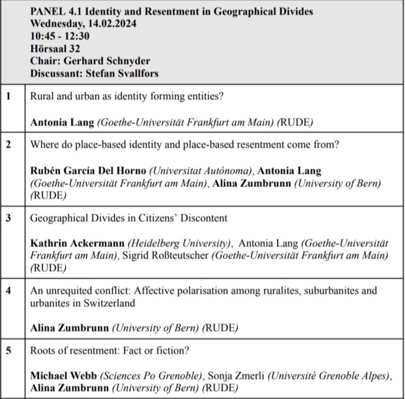 📌 In HS32 we are starting with our first PANEL 4.1 on the topic Identity and Resentment in Geographical Divides! 🎙️Our presenters are Antonia Lang, @rGarciaDelHorno, @AlinaZumbrunn & Michael Webb. #norfacegov24