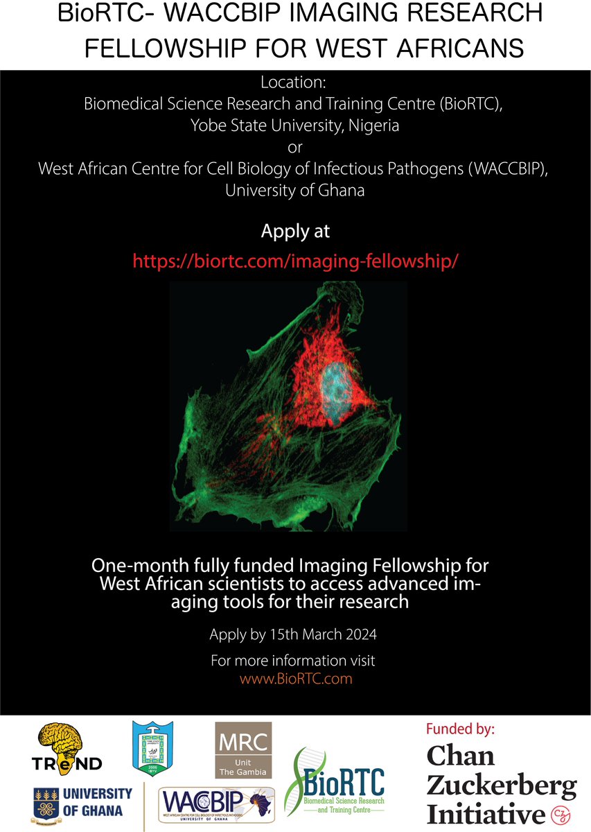 Attention West African researchers! Elevate your work with a fully funded @BioRTCNig - @WACCBIP_UG Imaging Fellowship. Gain access to state-of-the-art imaging tools & support to advance your research. Apply now: biortc.com/imaging-fellow…. #ImagingTheFuture